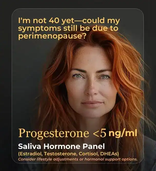 Red-haired woman with green eyes looking directly at the camera, text overlay about perimenopause symptoms.