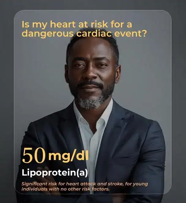 Confident man in a dark suit, text overlay about cardiovascular risk.