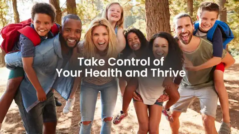 A diverse group of happy adults and children enjoying an outdoor adventure, smiling and full of energy, symbolizing vibrant health and wellness.