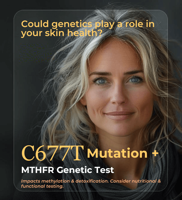 Portrait of a confident woman with long, wavy blonde hair, alongside text promoting the role of genetics—specifically the C677T mutation—in skin health and the MTHFR genetic test.