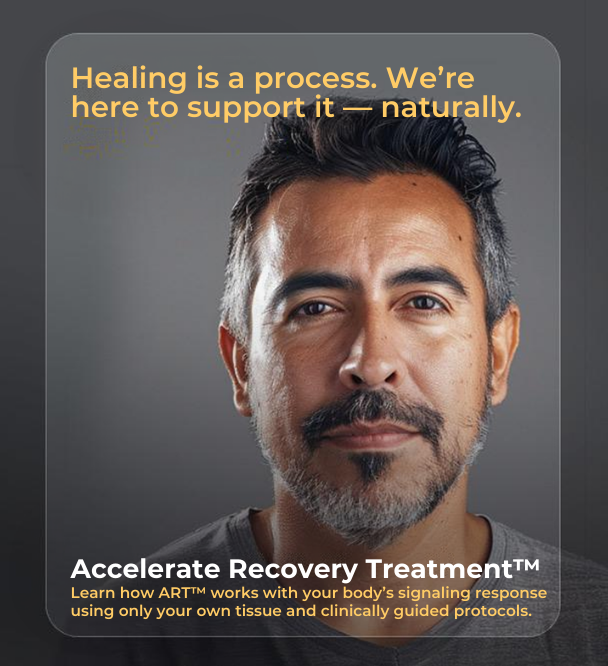 Man with thoughtful expression next to message about supporting the body’s healing process through Accelerate Recovery Treatment™, a biologically guided approach using autologous tissue.