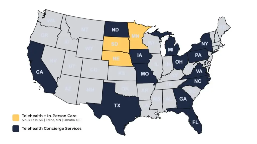 U.S. map highlighting 16 states served by Accelerate Wellness. South Dakota, Minnesota, and Nebraska are marked in yellow for in-person and remote care. Thirteen additional states are marked in navy for remote concierge services.