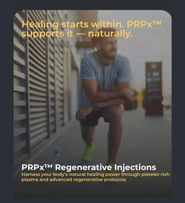 Man in athletic gear stretching outdoors, smiling confidently beside text promoting PRPx™ regenerative injections as a natural way to support healing.