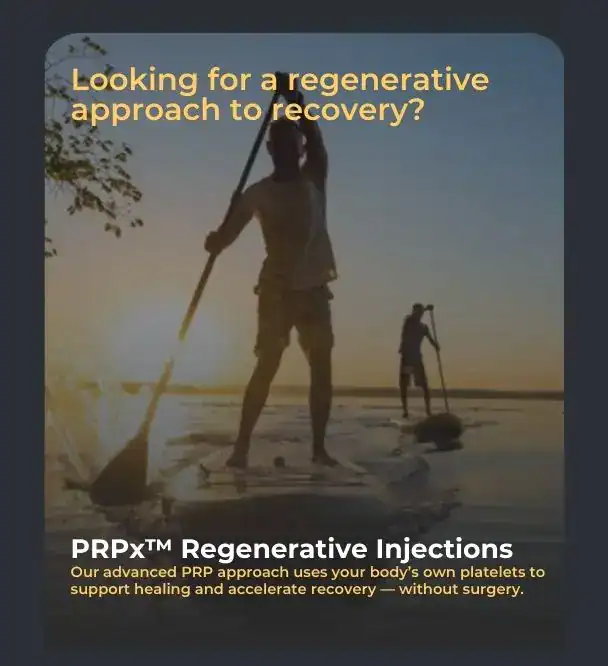 Two people paddleboarding on a calm lake at sunset, paired with text inviting viewers to explore PRPx™ regenerative injections for non-surgical healing and recovery.