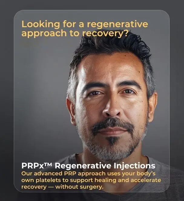 Middle-aged man with a strong, reassuring presence next to text promoting PRPx™ as a non-surgical regenerative treatment that uses your body’s own platelets to support healing.
