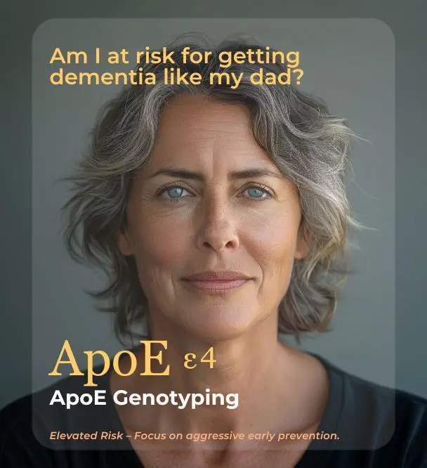 Woman concerned about dementia risk, ApoE4 genetic testing and early prevention
