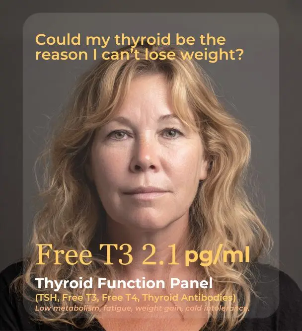 Woman concerned about thyroid health, Free T3 thyroid function panel test for weight and metabolism issues
